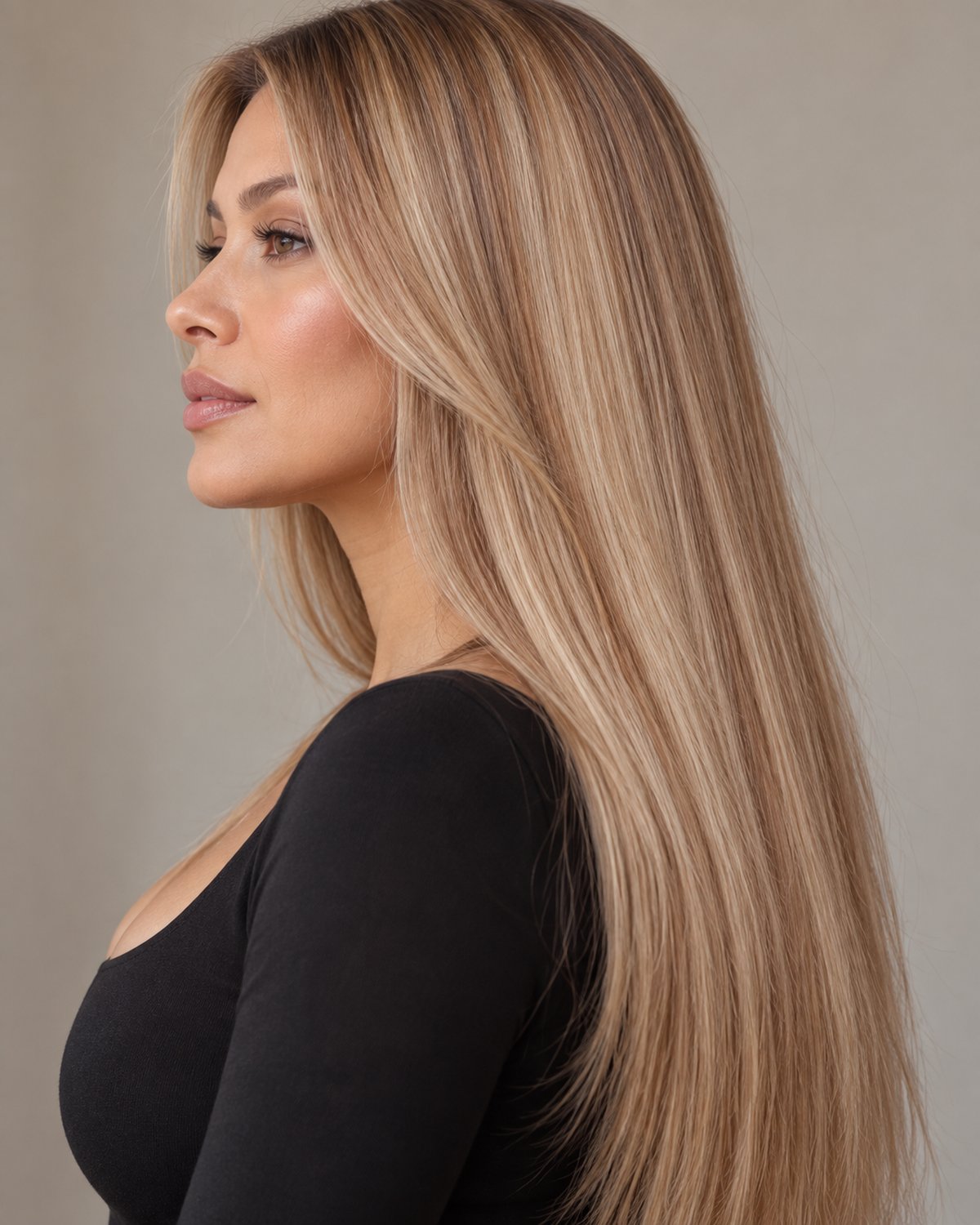 Modelo con extensiones de clip en esta familia de tonos