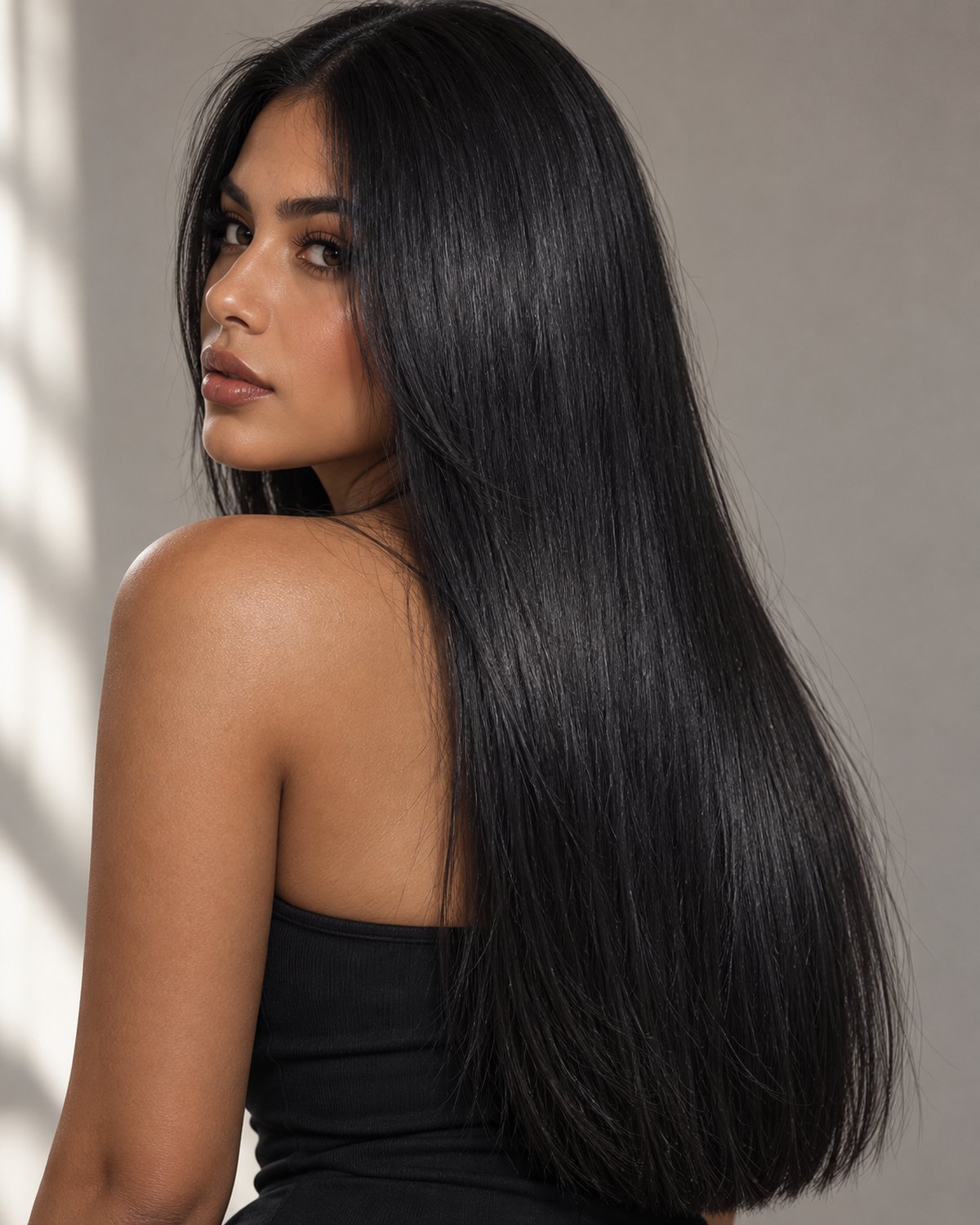 Model wearing clip-in extensions in this shade family