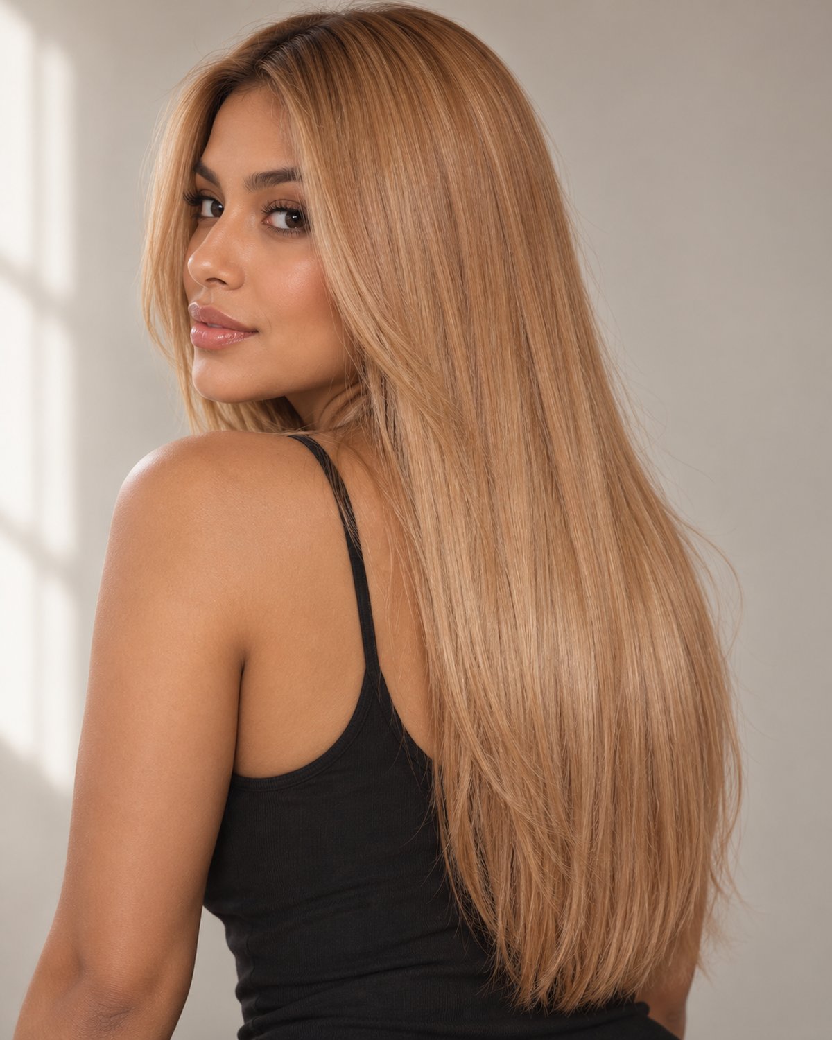 Model wearing clip-in extensions in this shade family