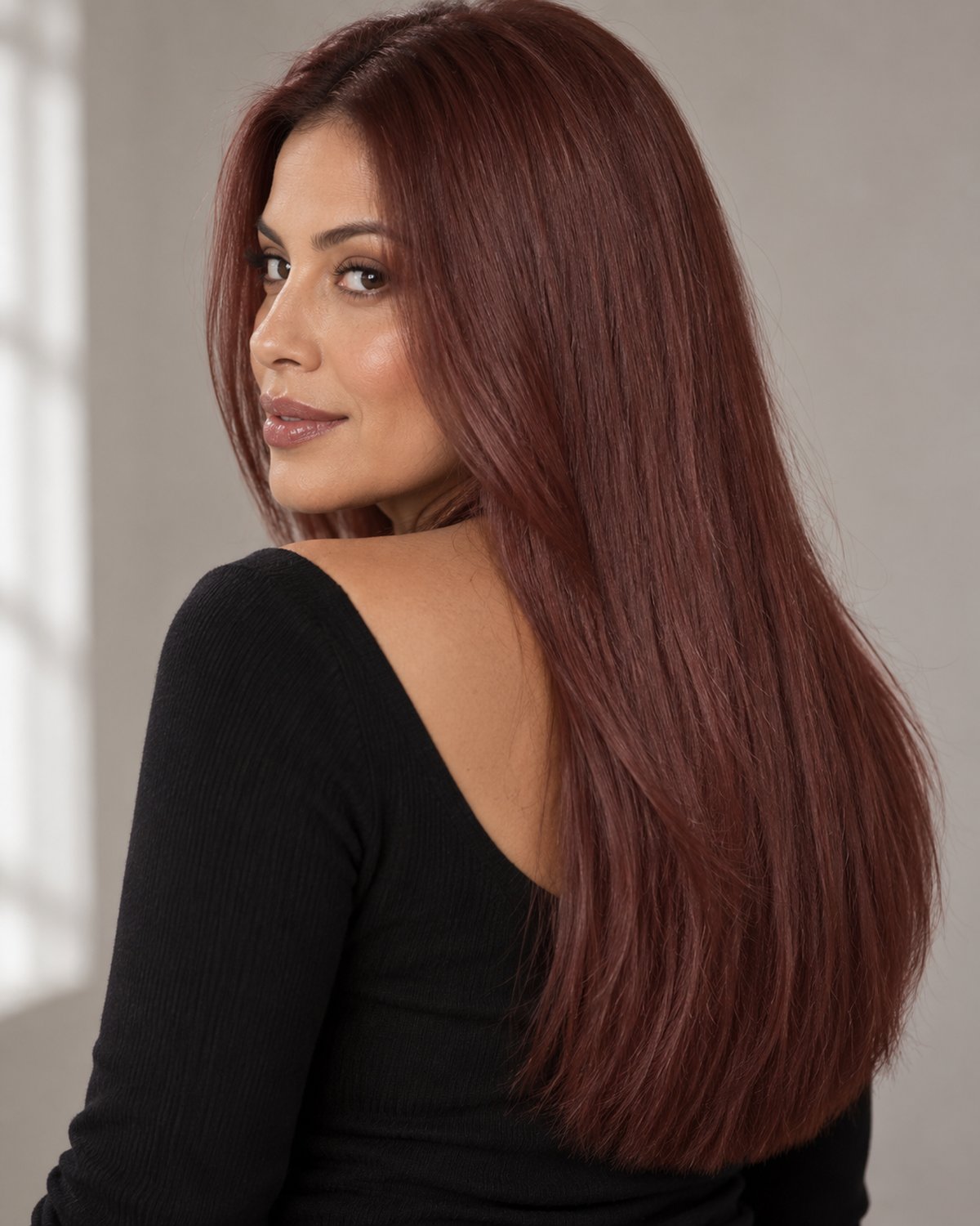 Model wearing clip-in extensions in this shade family