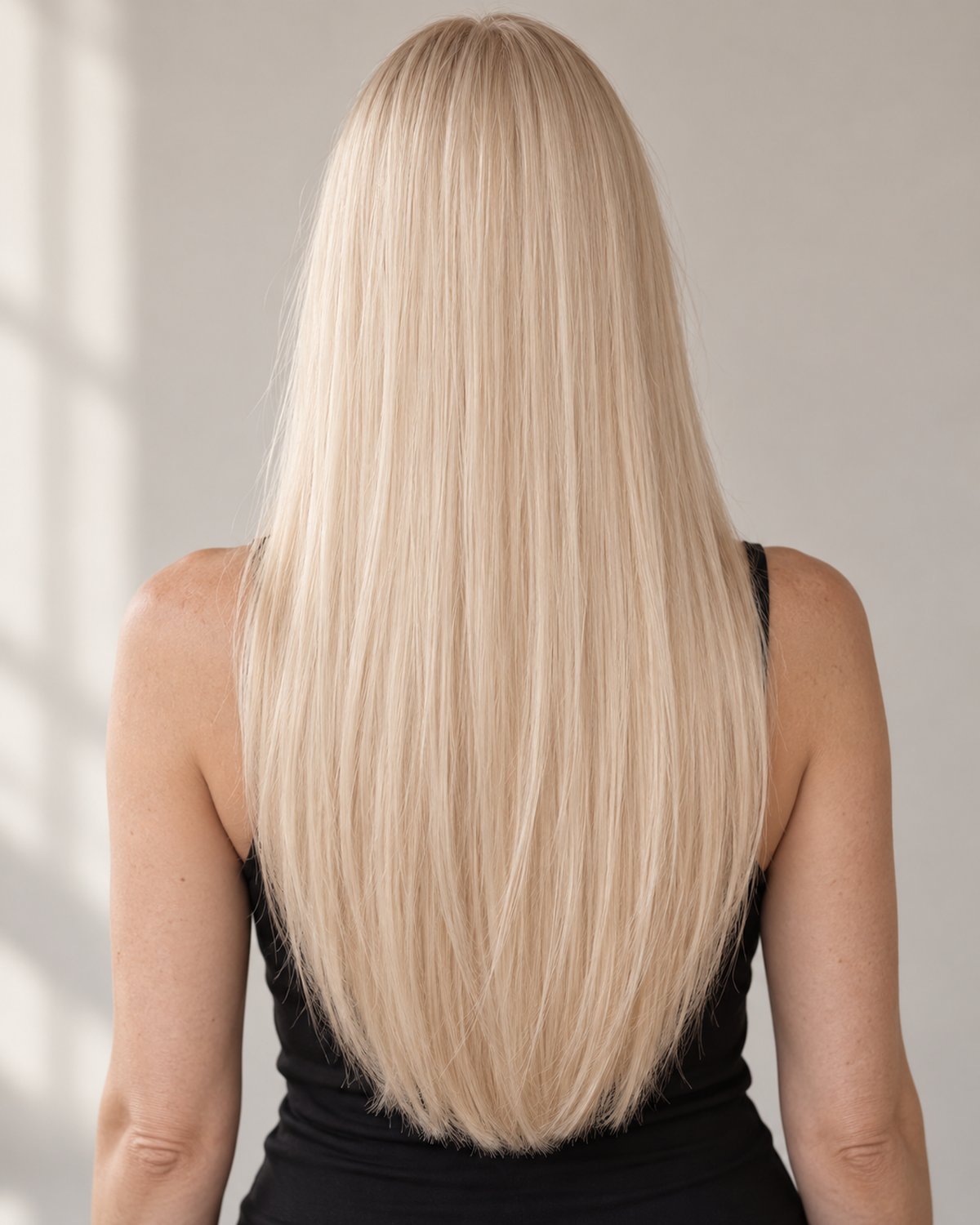 Model wearing clip-in extensions in this shade family