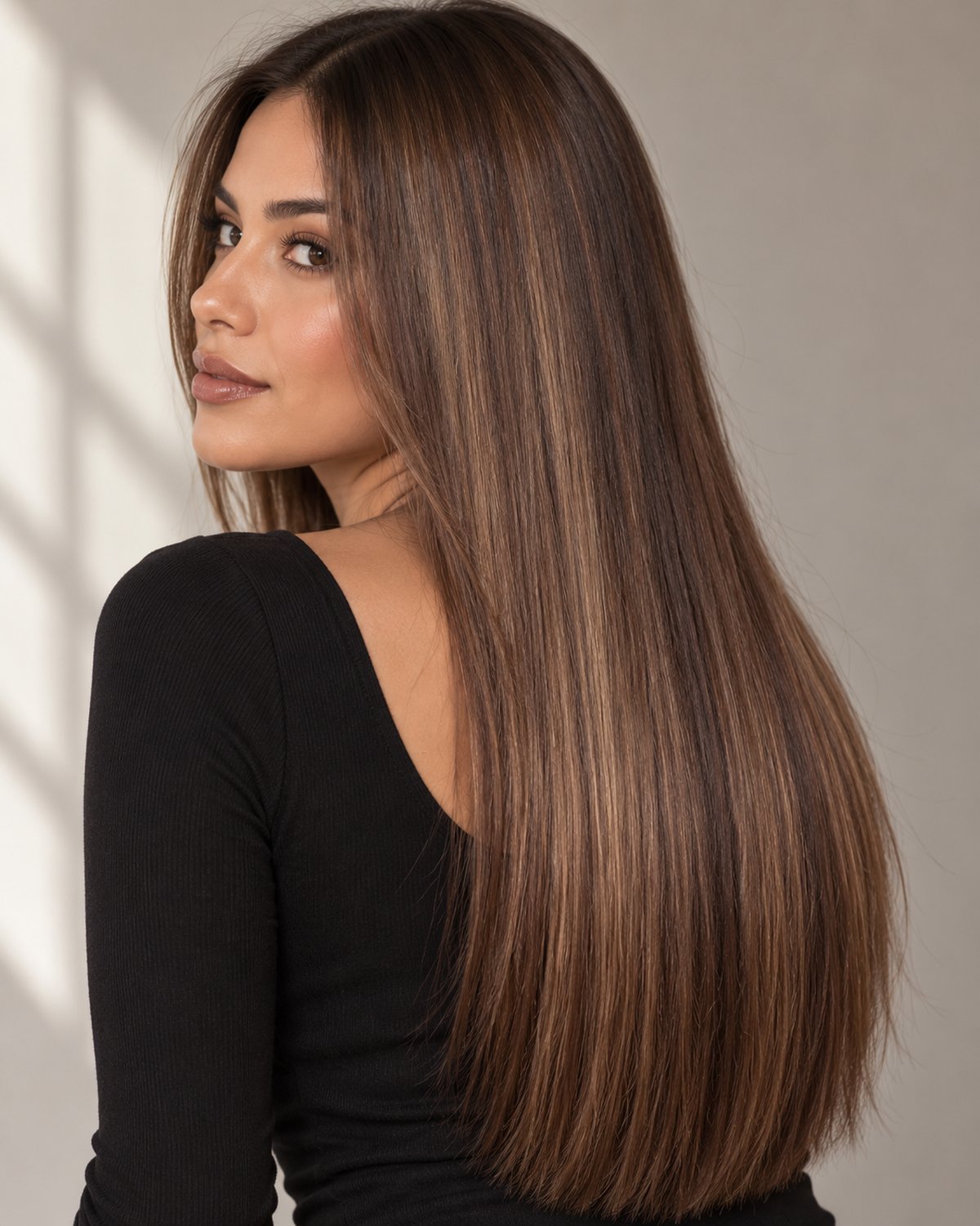 Model wearing clip-in extensions in this shade family